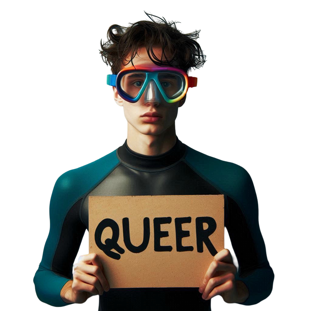 Garoto com uma placa com a palavra queer