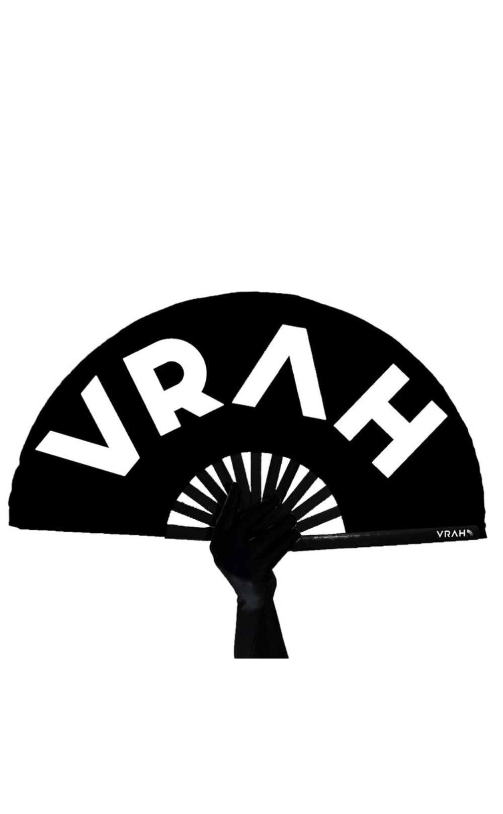 Leque grande preto com estampa "VRAH" na cor branca.